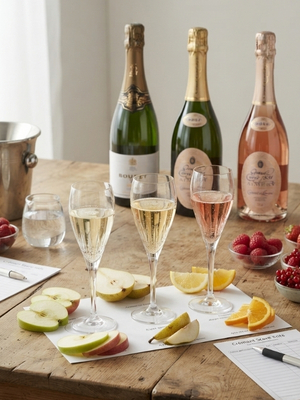 Crémant in Gläsern neben Obst